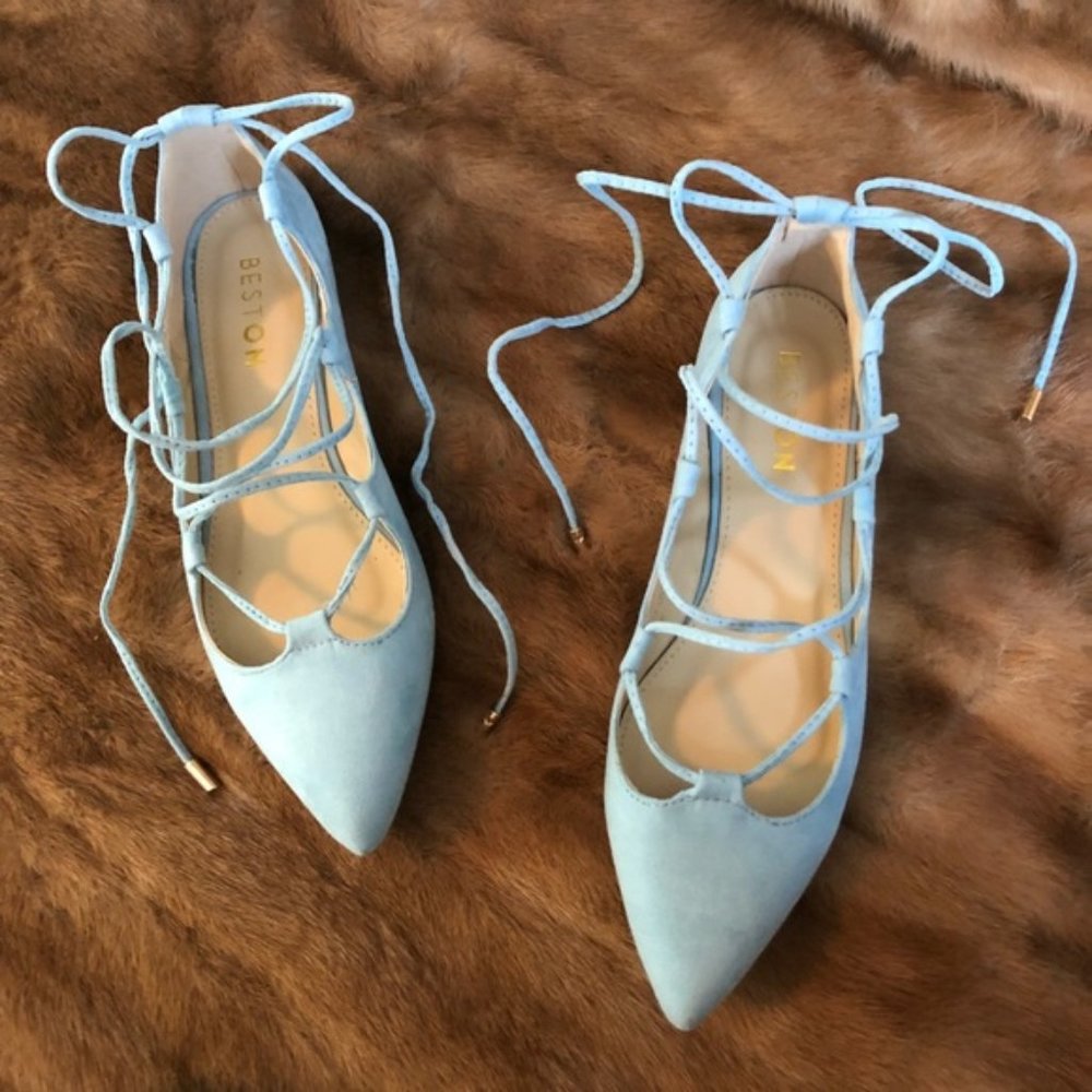 BNIB Pointy Toe Suede Lace Up Ballerina Blue Flats